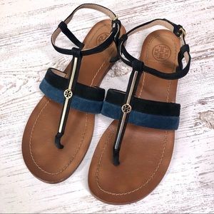 TORY BURCH Suede Leather Bar Logo Lancaster Ankle Strap Thong Sandals 5.5
